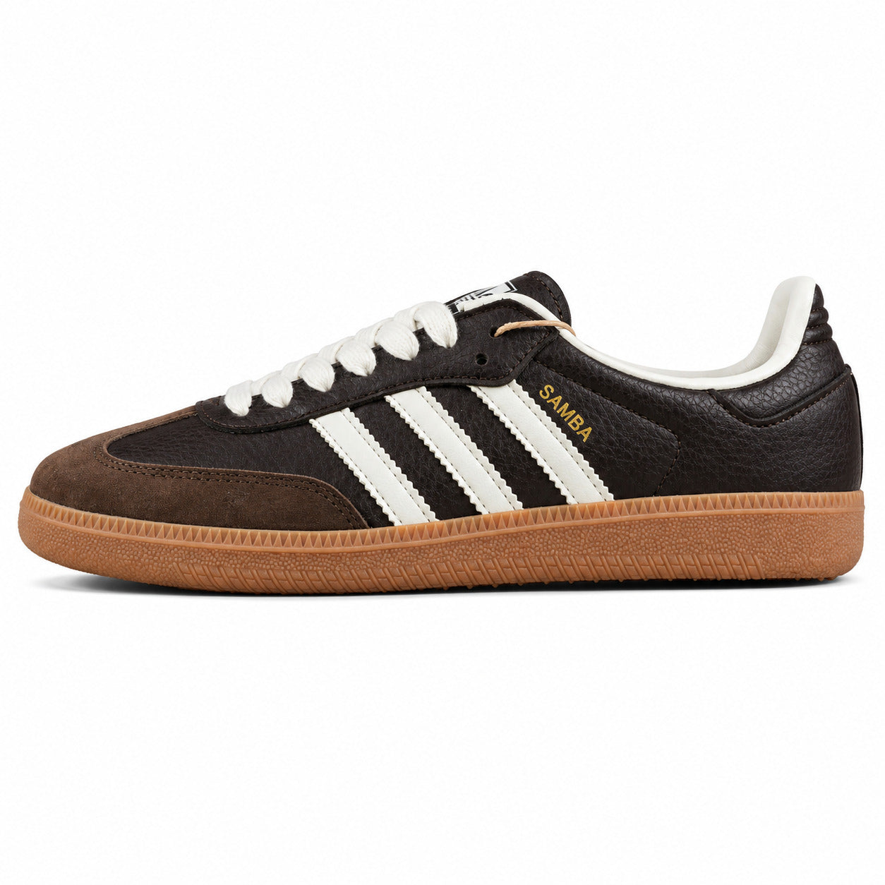 Adidas Samba OG castanho oscuro bandas blancas suela borracha perfil derecho