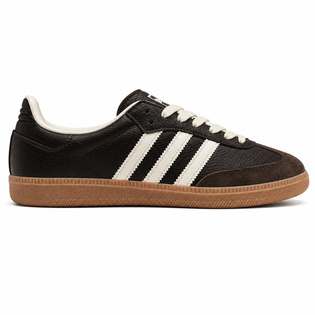 Adidas Samba OG castanho oscuro bandas blancas suela borracha perfil izquierdo