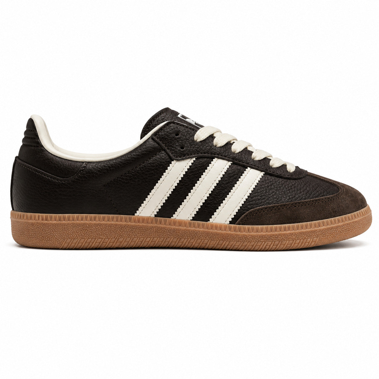 Adidas Samba OG castanho oscuro bandas blancas suela borracha perfil izquierdo