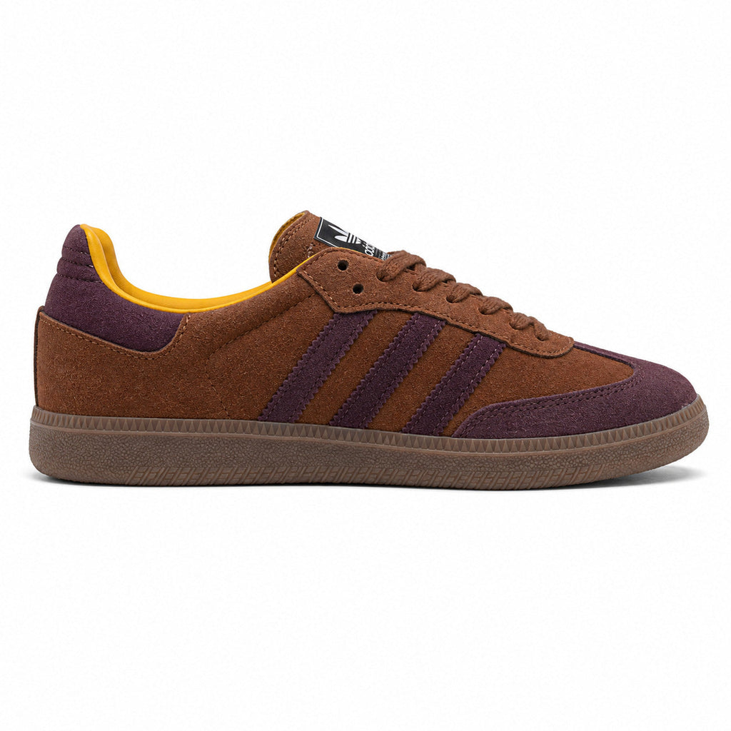 Adidas Samba OG castanho morado amarelo suela borracha perfil derecho