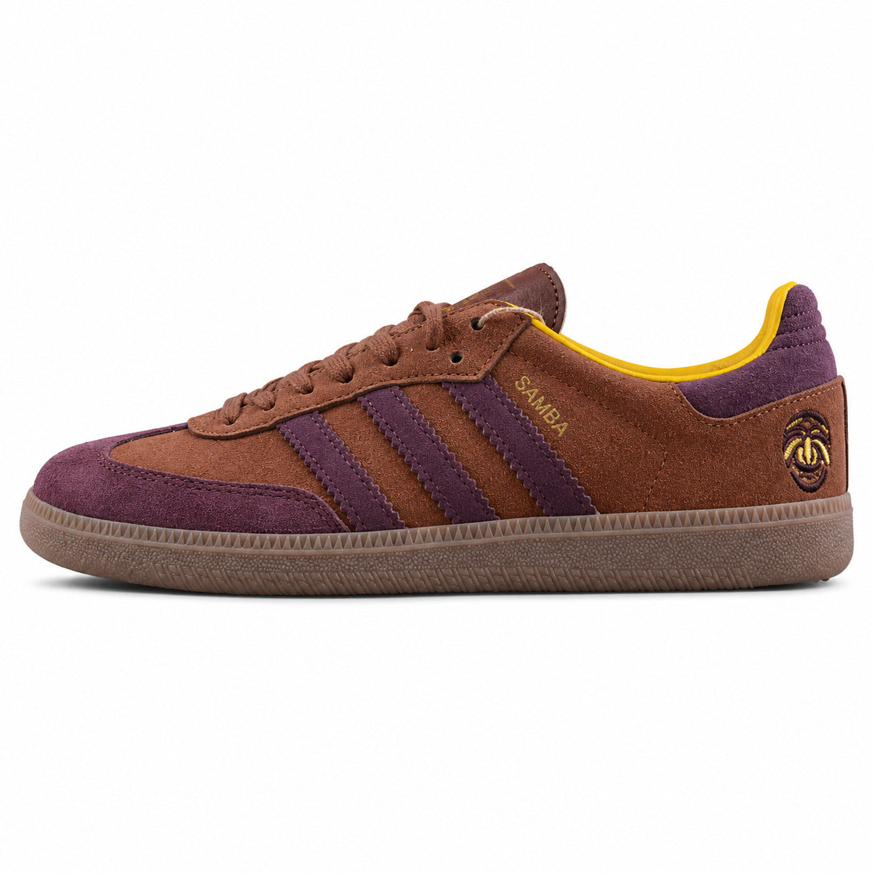 Adidas Samba OG castanho morado amarelo suela borracha perfil izquierdo