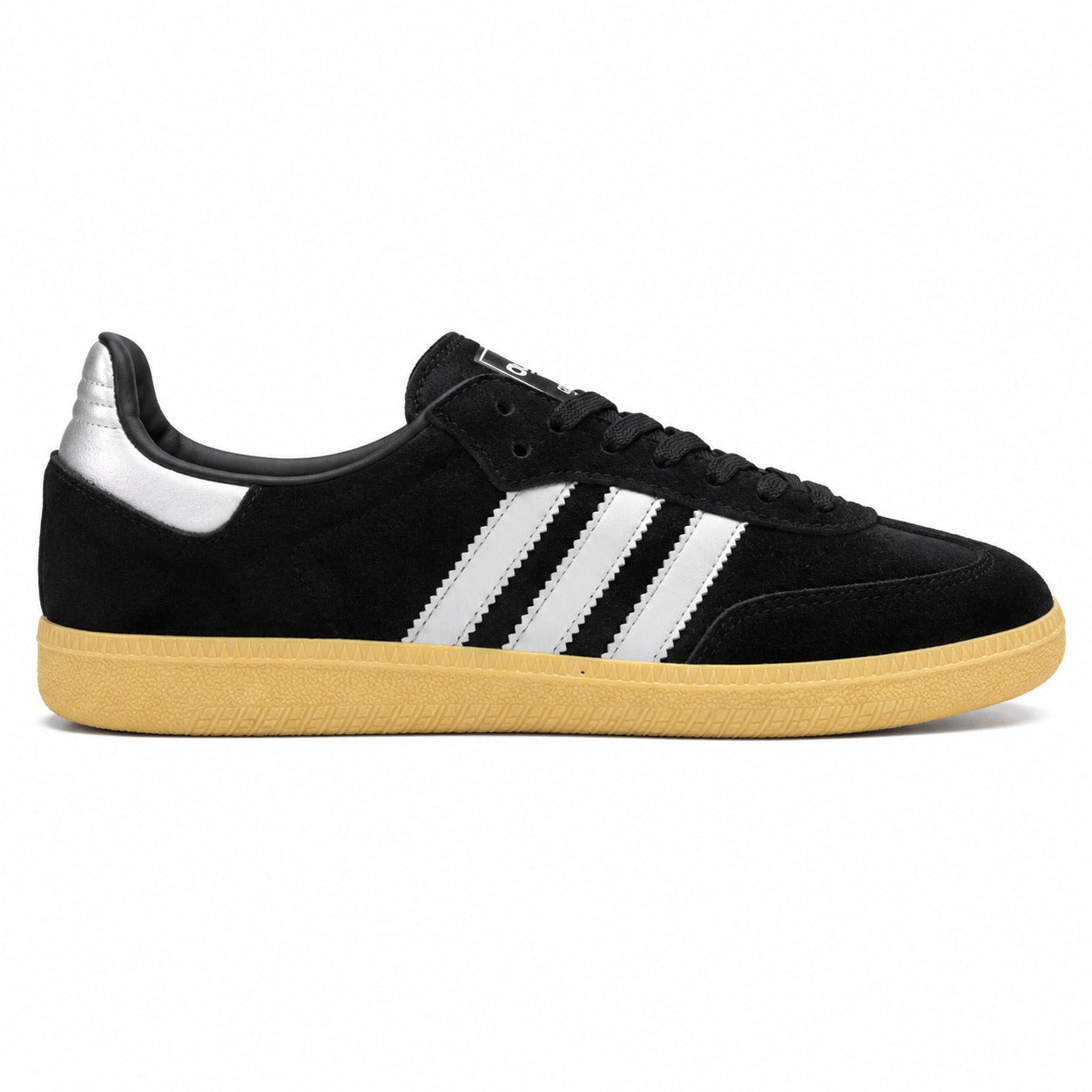 Adidas Samba OG preto branco detalle talón prateado suela borracha perfil derecho