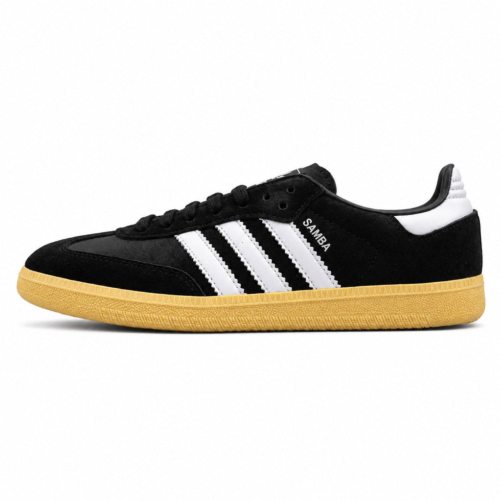 Adidas Samba OG preto ante bandas blancas suela borracha perfil izquierdo