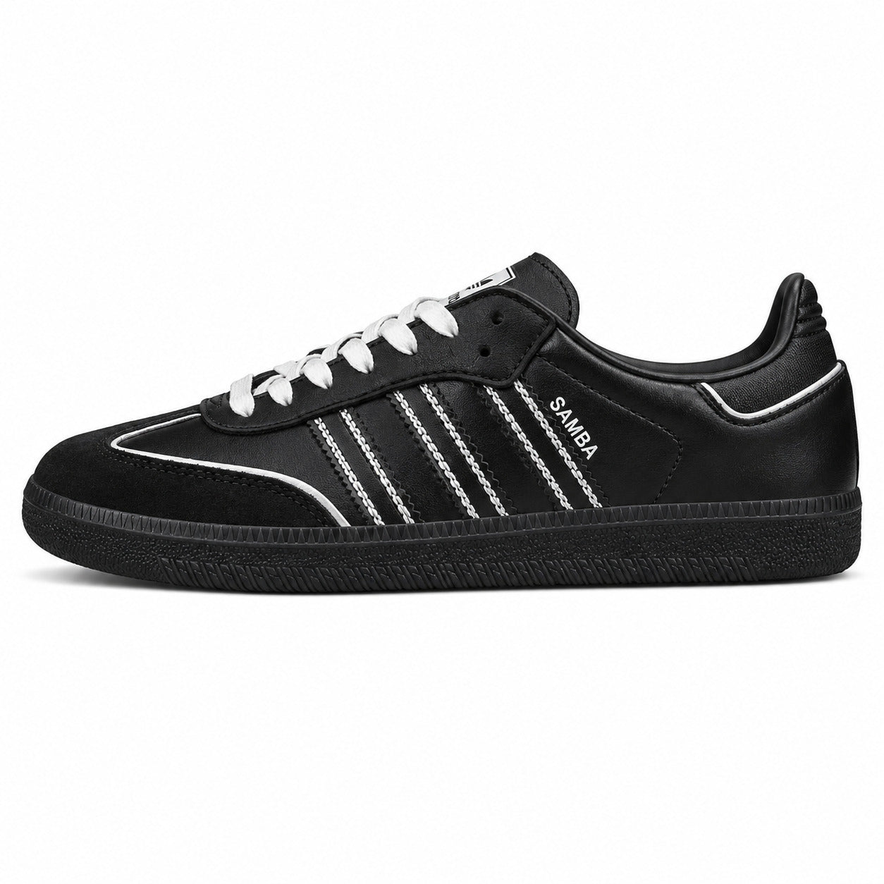 Adidas Samba OG preto pele bandas ribete branco suela negra perfil izquierdo