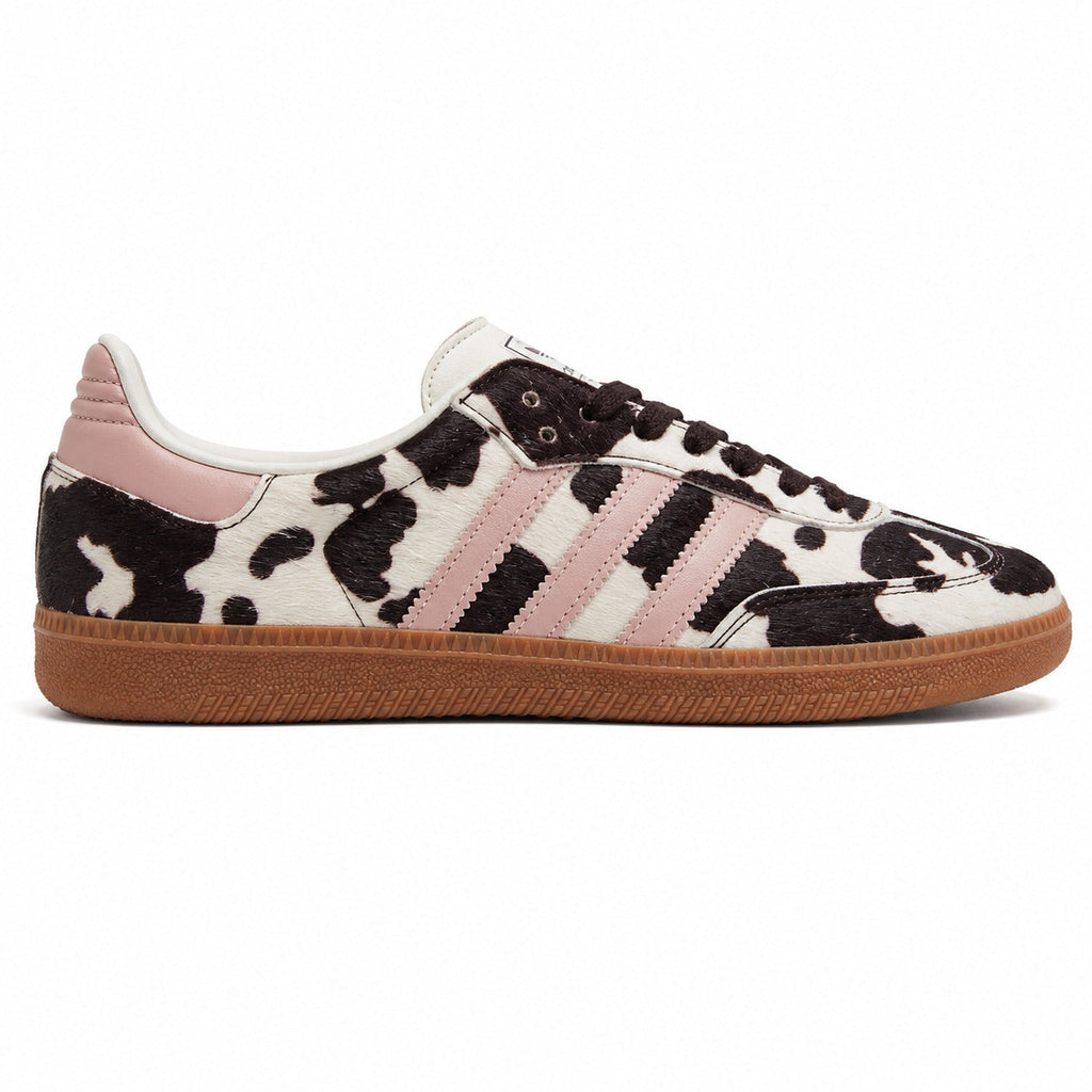 Adidas Samba OG pelo potro estampado vaca bandas rosa suela borracha perfil derecho