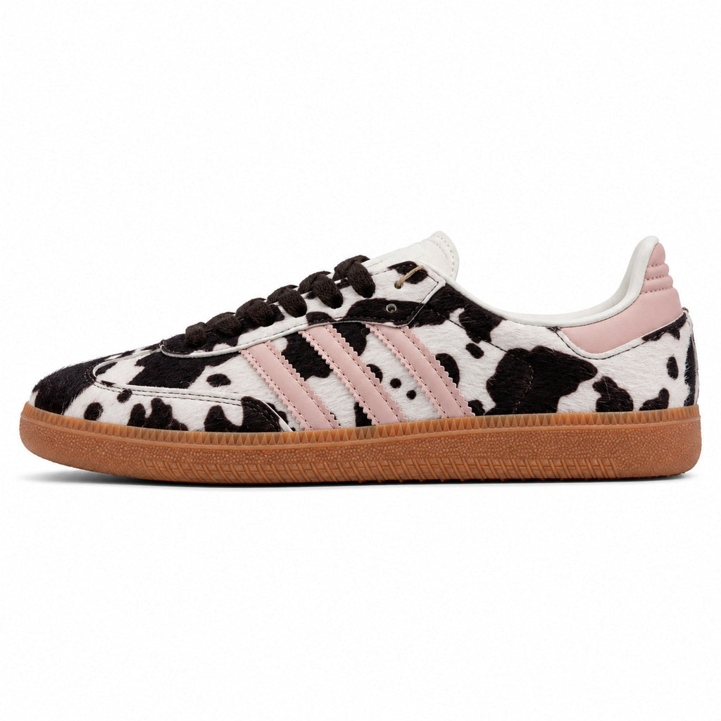 Adidas Samba OG pelo potro estampado vaca bandas rosa suela borracha perfil izquierdo