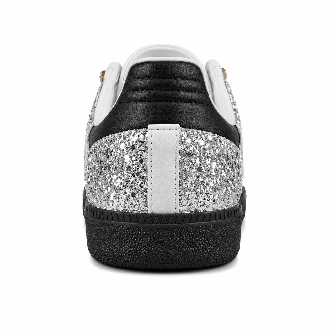 Adidas Samba OG purpurina plata talón preto branco suela negra
