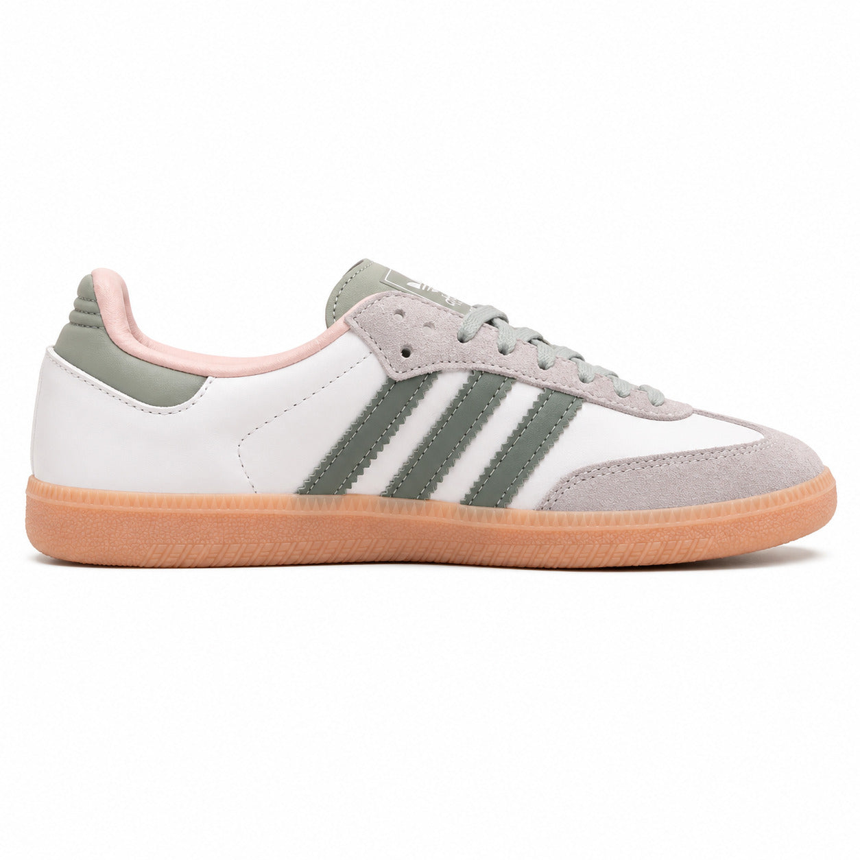 Adidas Samba Vegan branco bandas verde salvia suela borracha rosa perfil derecho