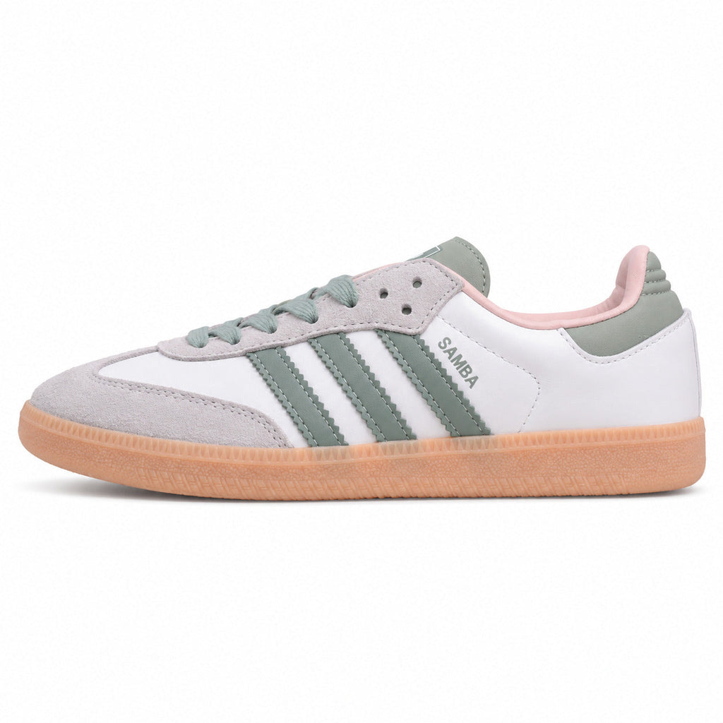 Adidas Samba Vegan branco bandas verde salvia suela borracha rosa perfil izquierdo