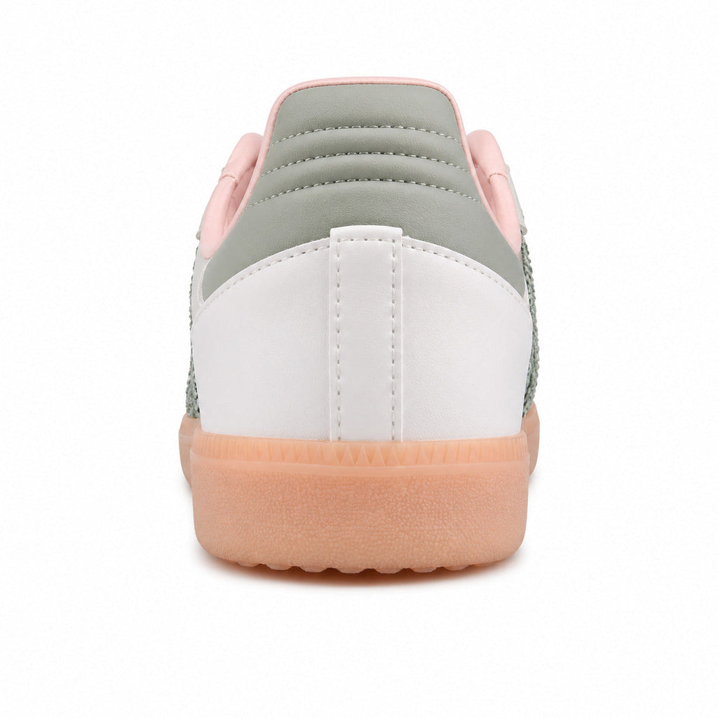 Adidas Samba Vegan branco detalle talón verde salvia rosa suela melocotón