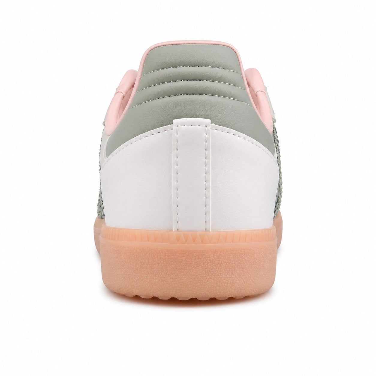Adidas Samba Vegan branco detalle talón verde salvia rosa suela melocotón