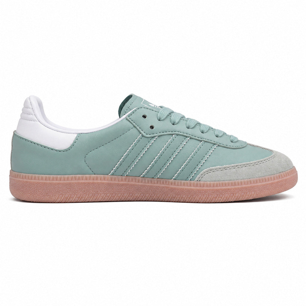 Adidas Samba Vegan verde menta bandas blancas suela borracha rosa perfil derecho