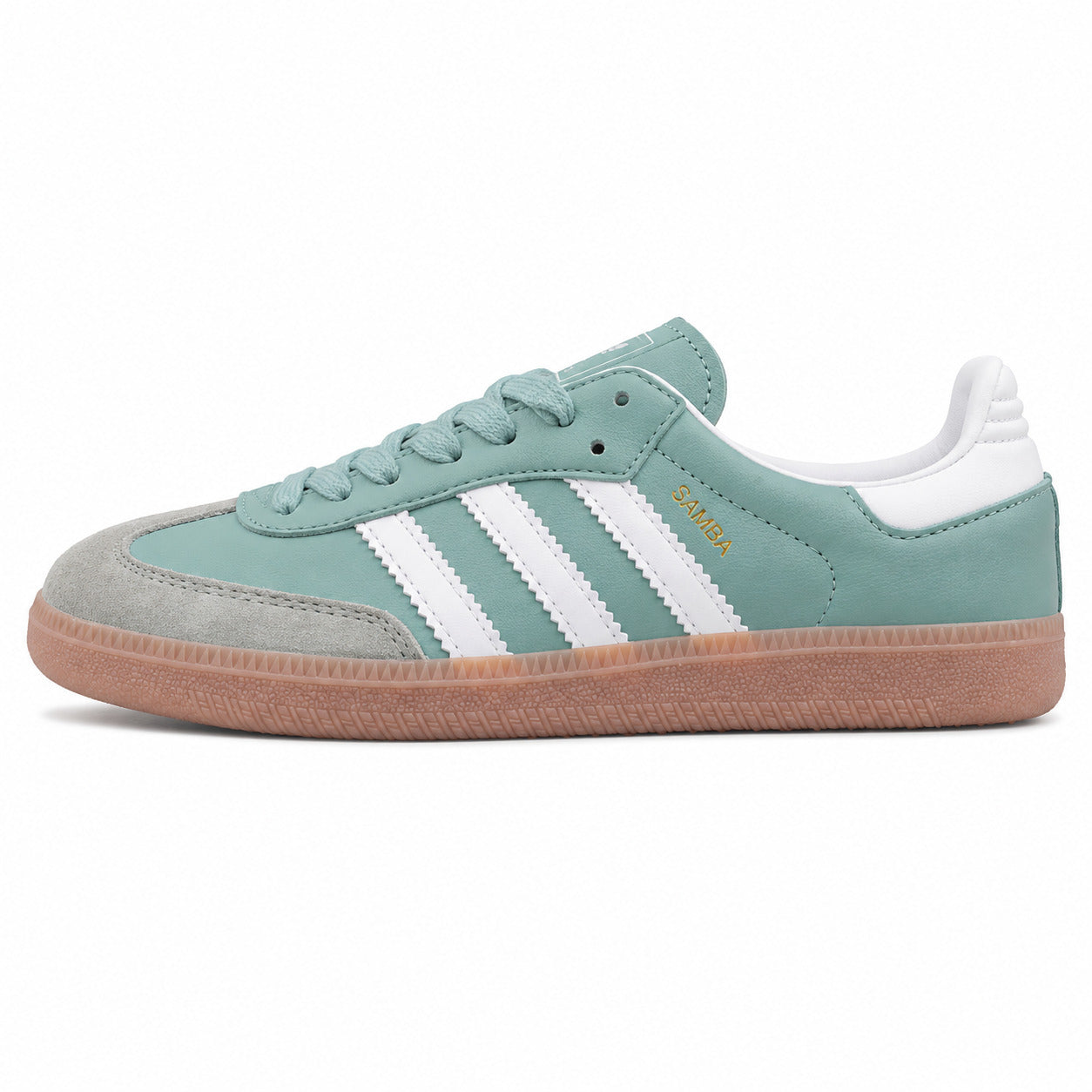 Adidas Samba Vegan verde menta bandas blancas suela borracha rosa perfil izquierdo