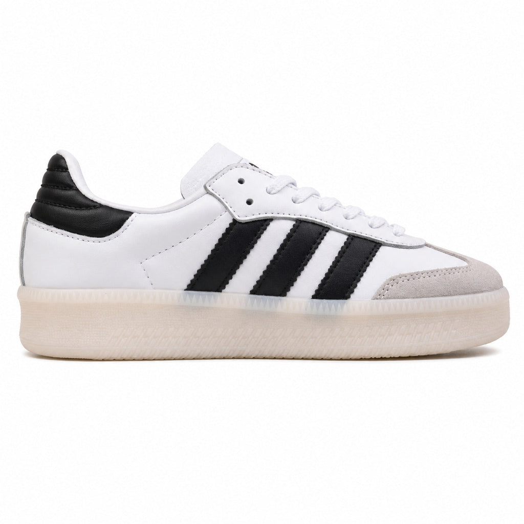 Adidas Samba XLG branco bandas doradas talón preto plataforma crema perfil derecho