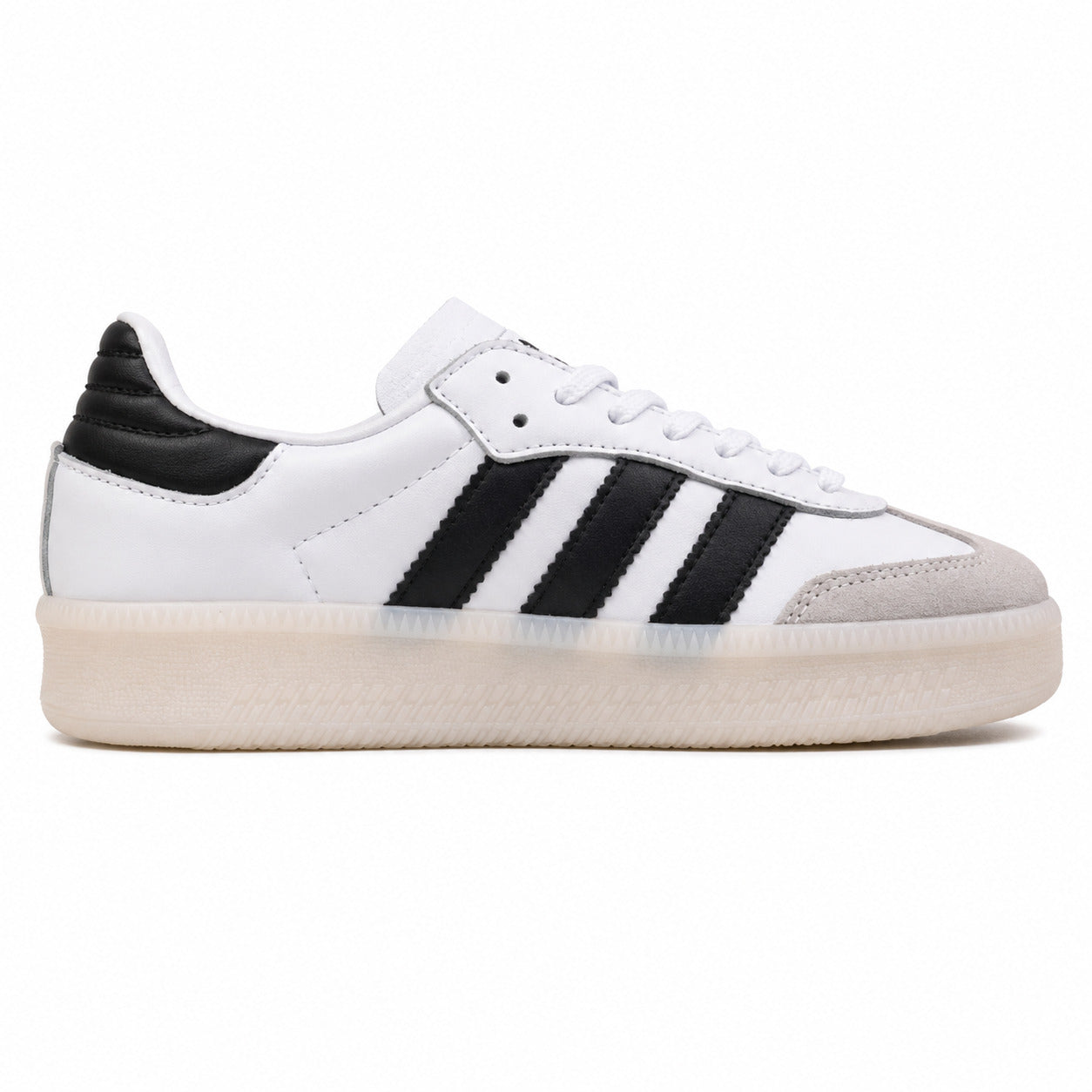 Adidas Samba XLG branco bandas doradas talón preto plataforma crema perfil derecho