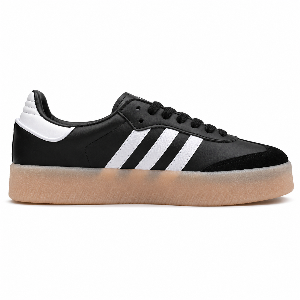 Adidas Sambae W preto pele bandas blancas suela plataforma borracha perfil derecho