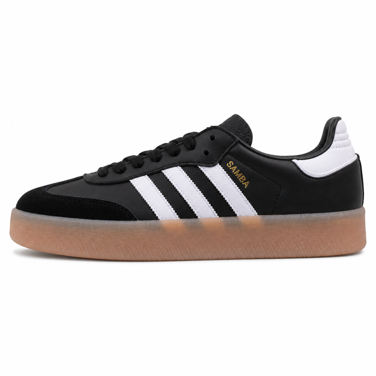 Adidas Sambae W preto pele bandas blancas suela plataforma borracha perfil izquierdo