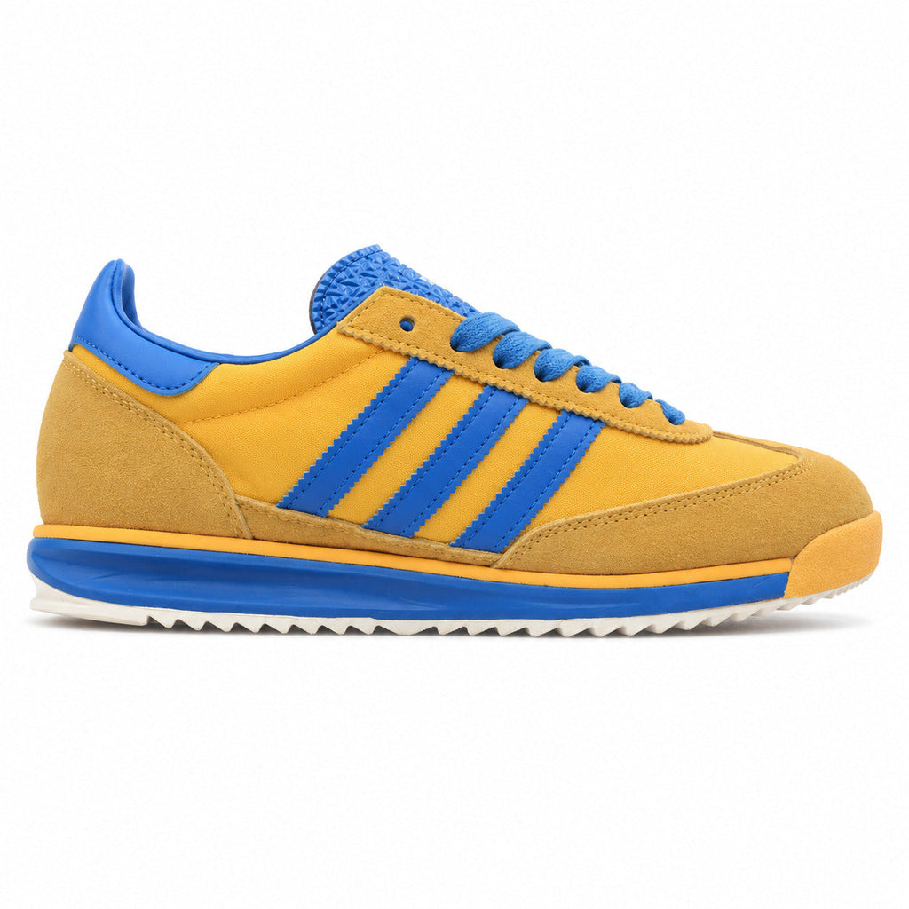 Adidas SL 72 amarelo mostaza bandas azul royal suela crema perfil derecho
