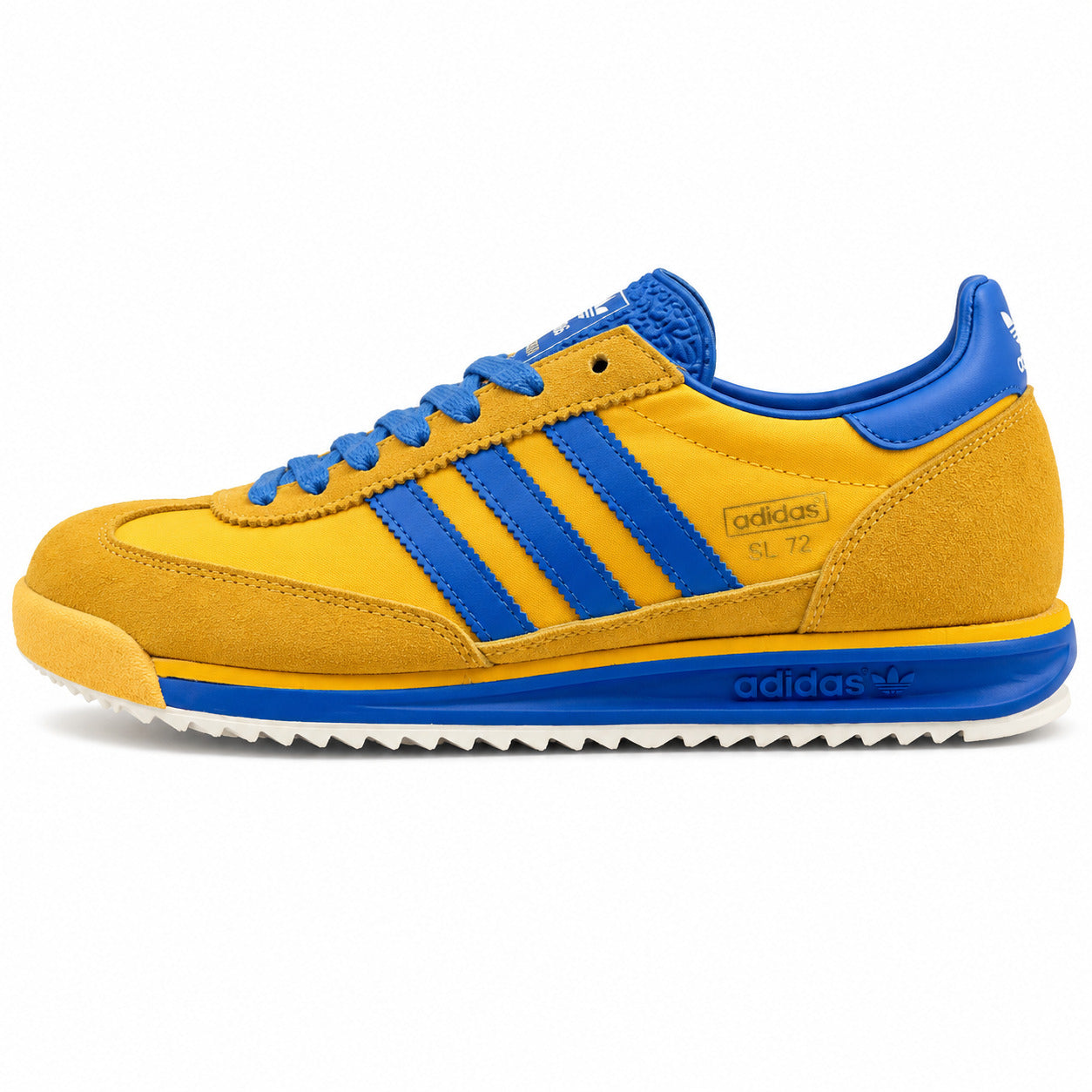 Adidas SL 72 amarelo mostaza bandas azul royal suela crema perfil izquierdo