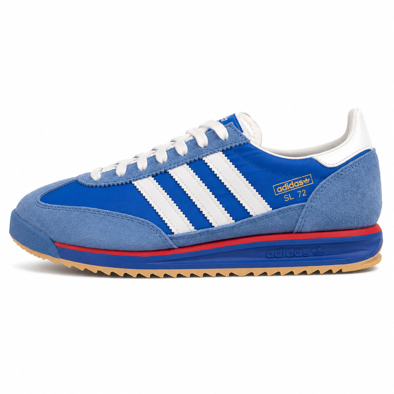 Adidas SL 72 azul royal ante azul pálido bandas blancas franja roja suela borracha perfil izquierdo