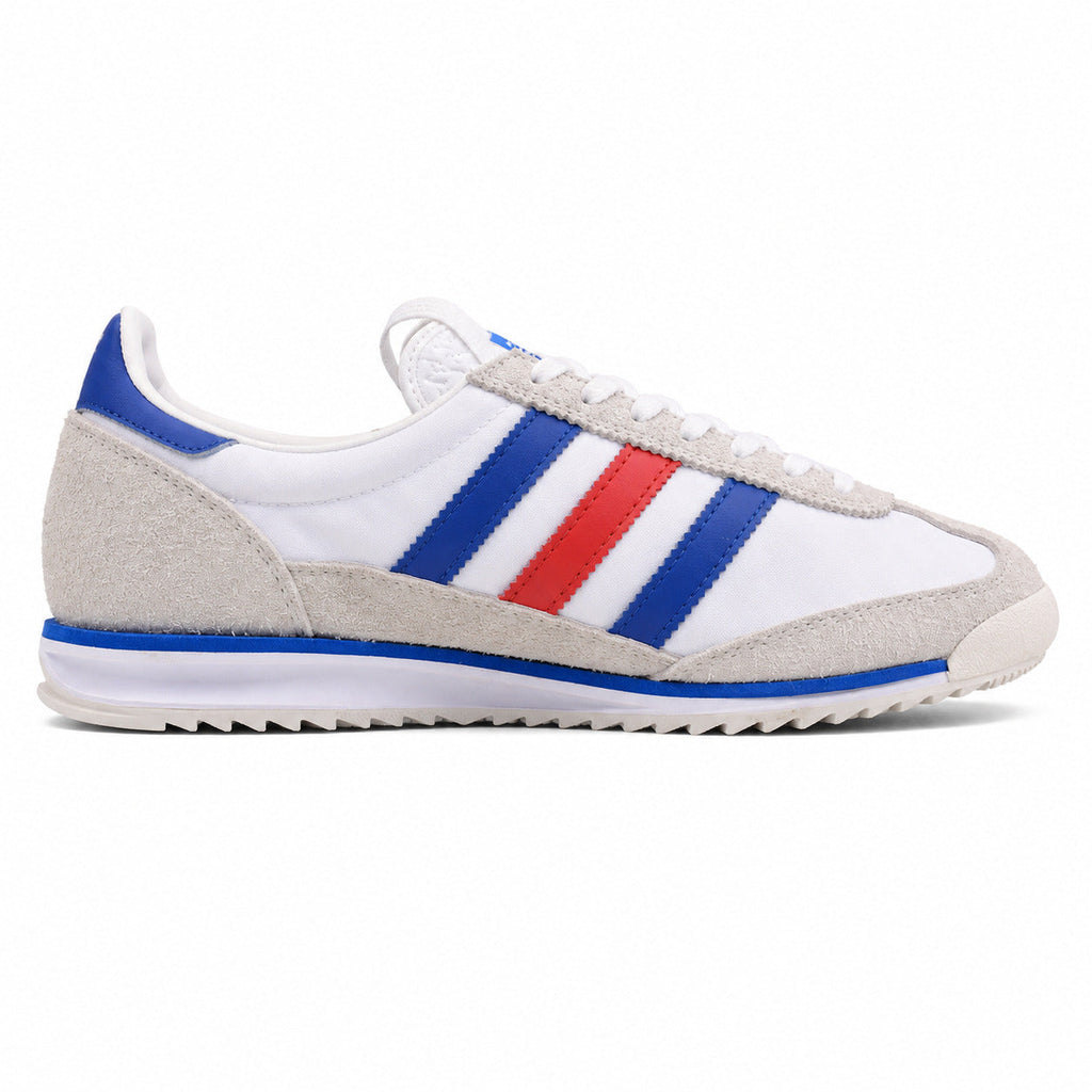 Adidas SL 72 branco ante cinzento bandas tricolor azul vermelho suela crema perfil derecho