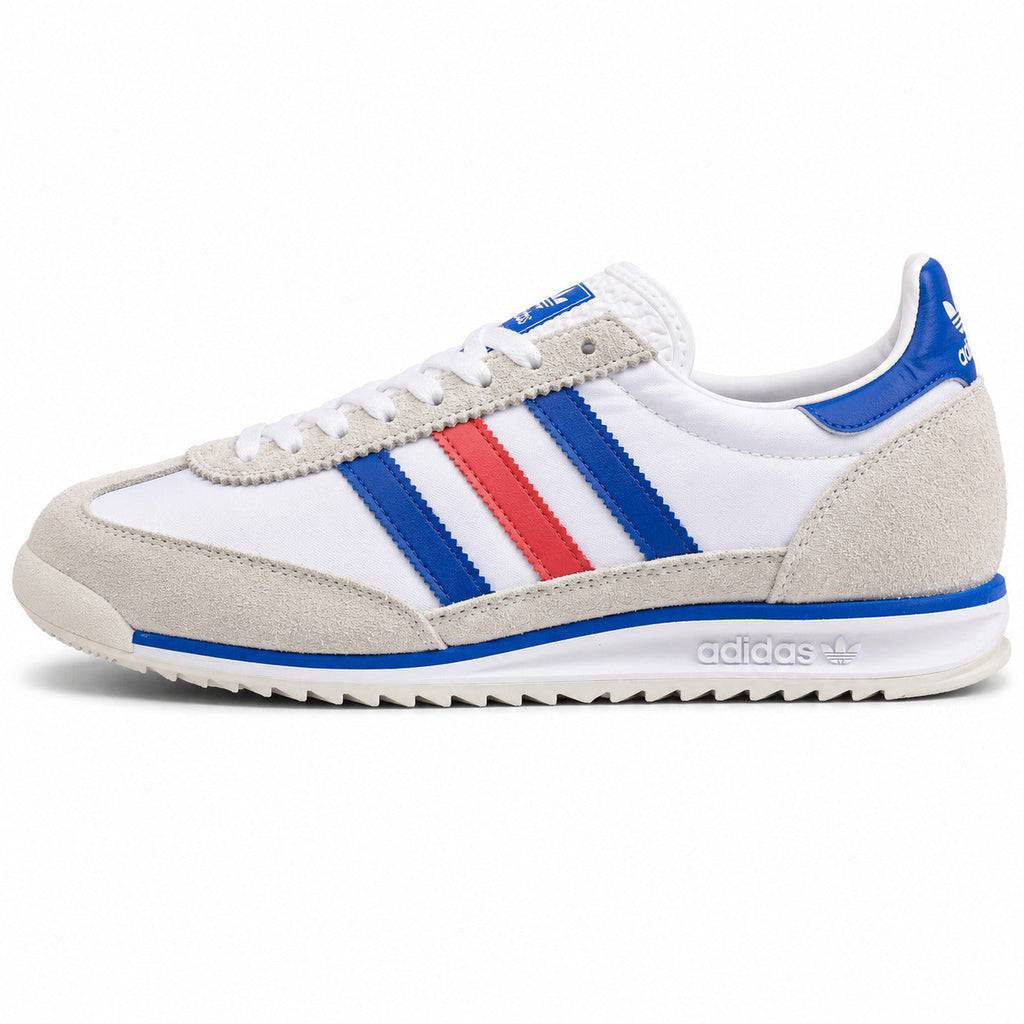 Adidas SL 72 branco ante cinzento bandas tricolor azul vermelho suela crema perfil izquierdo