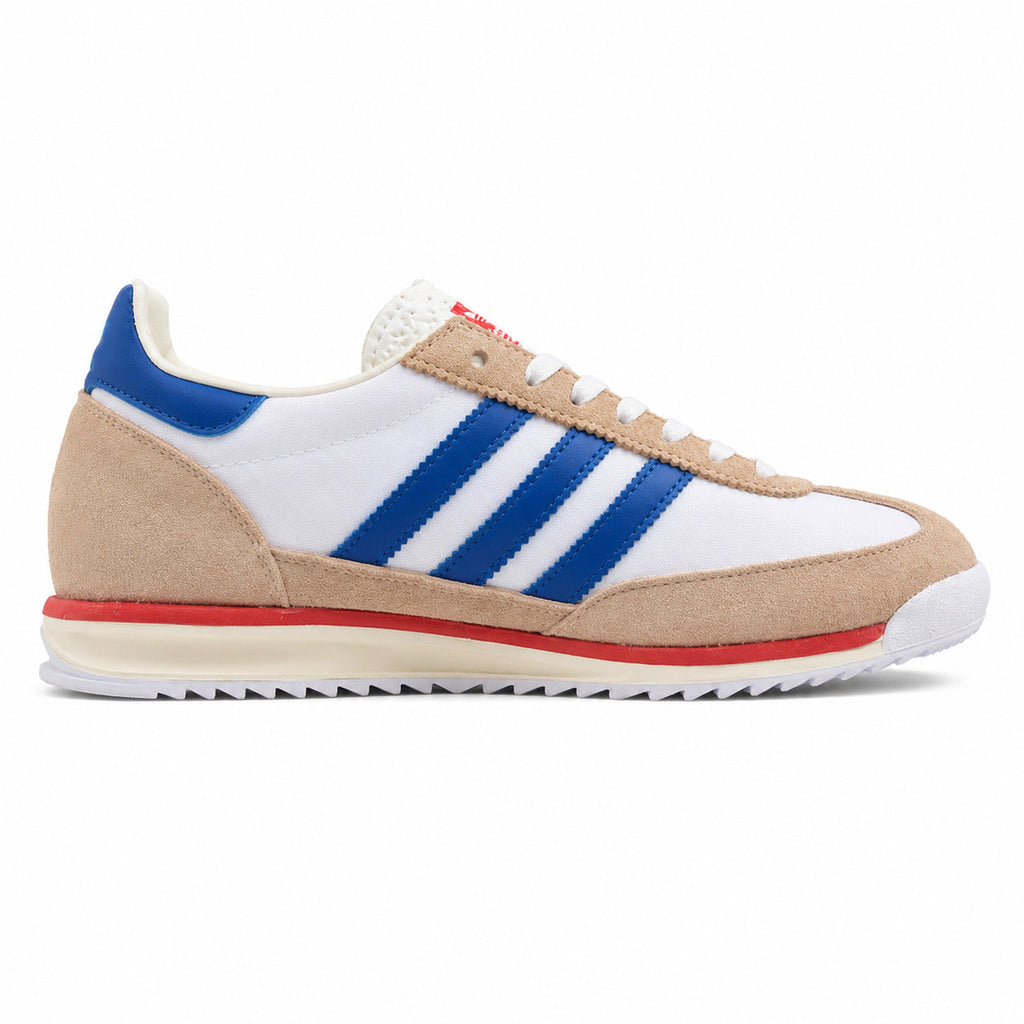 Adidas SL 72 branco nylon ante beige bandas azul royal franja roja perfil derecho