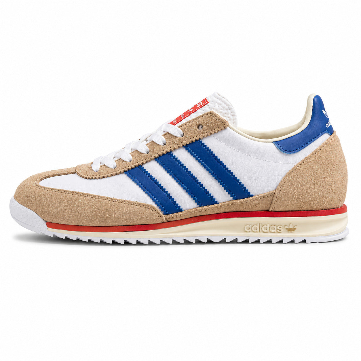 Adidas SL 72 branco nylon ante beige bandas azul royal franja roja perfil izquierdo