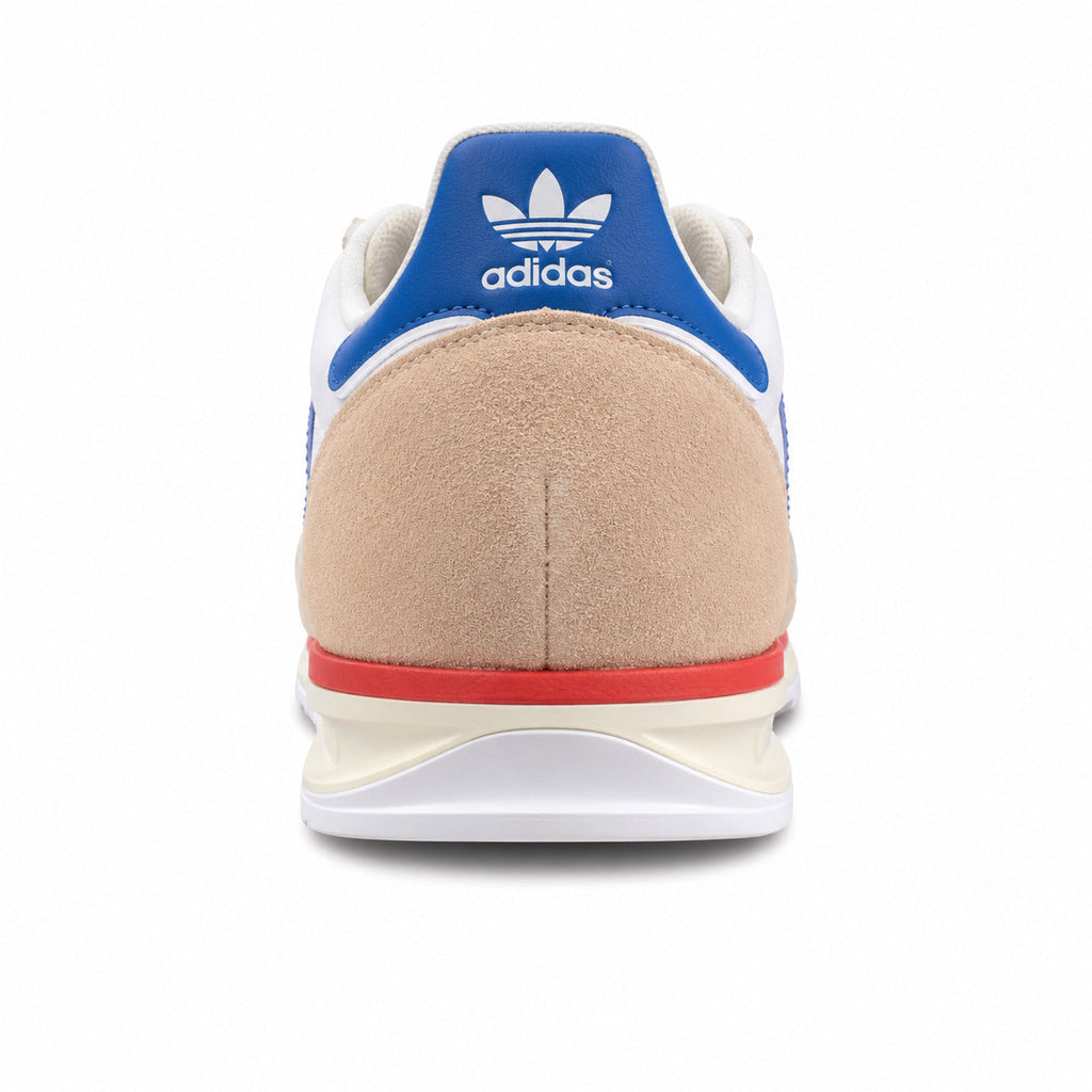 Adidas SL 72 branco detalle talón azul royal ante beige franja roja mediasuela crema