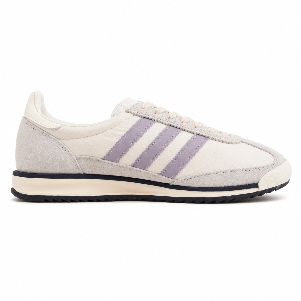 Adidas SL 72 crema bandas lila franja azul-marinho suela negra perfil derecho