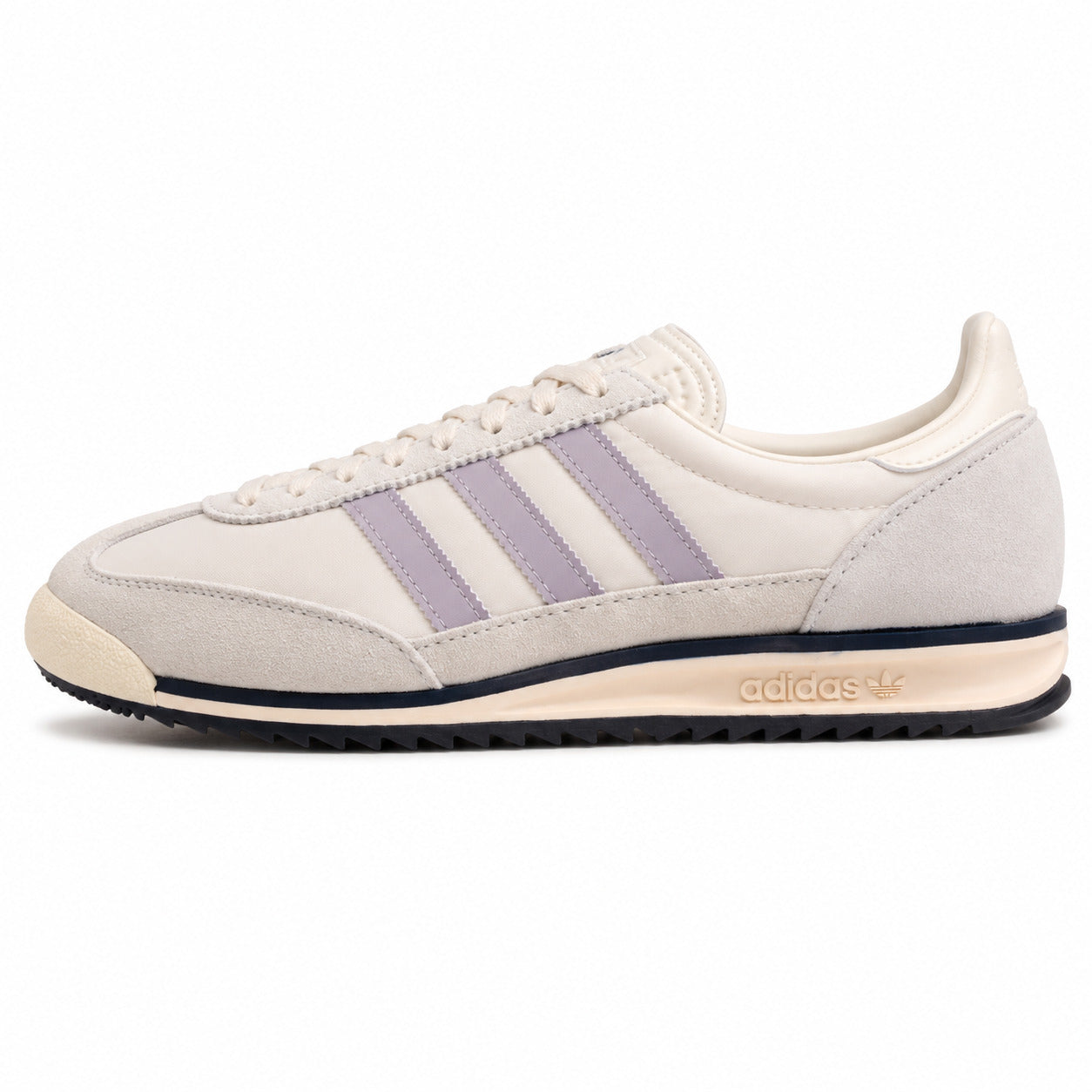 Adidas SL 72 crema ante cinzento bandas lila franja marino suela negra perfil izquierdo