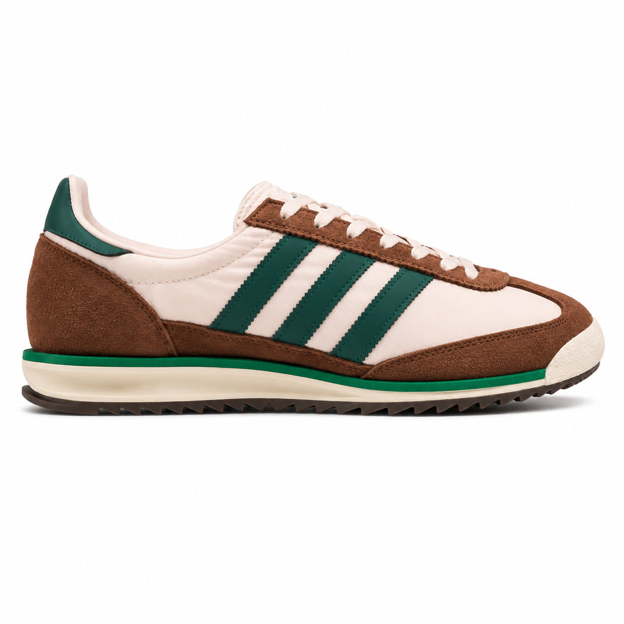 Adidas SL 72 crema nylon ante castanho bandas verde bosque suela ripple perfil derecho