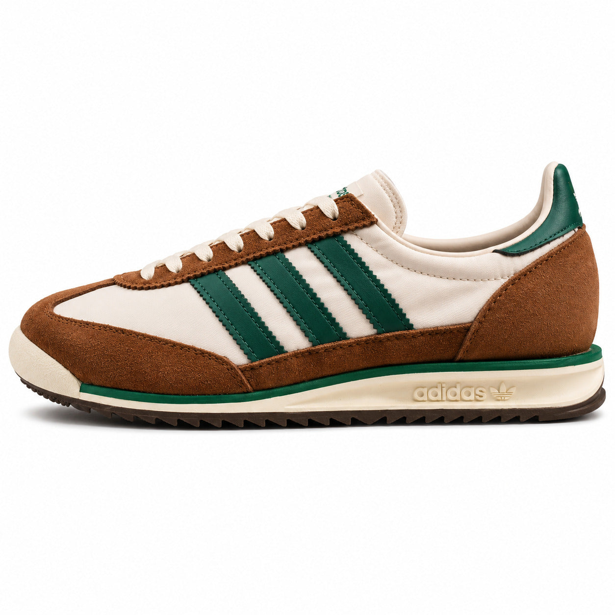 Adidas SL 72 crema nylon ante castanho bandas verde bosque suela ripple perfil izquierdo