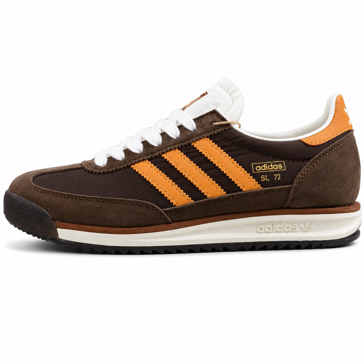 Adidas SL 72 castanho chocolate bandas laranja mediasuela crema perfil izquierdo