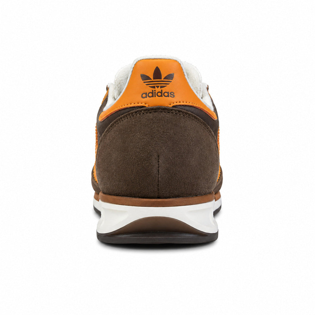 Adidas SL 72 castanho chocolate detalle talón laranja trefoil branco mediasuela crema