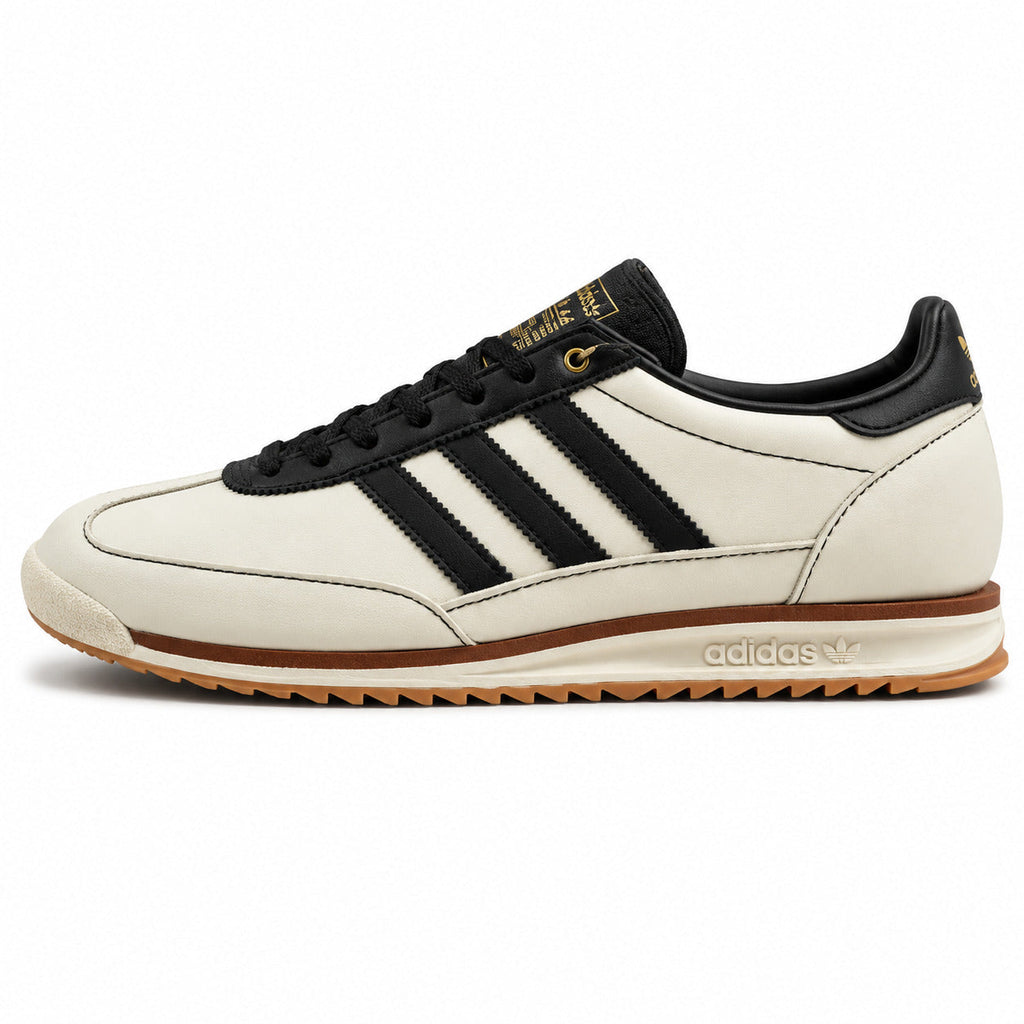 Adidas SL 72 RS crema pele bandas preto dourado suela borracha perfil izquierdo