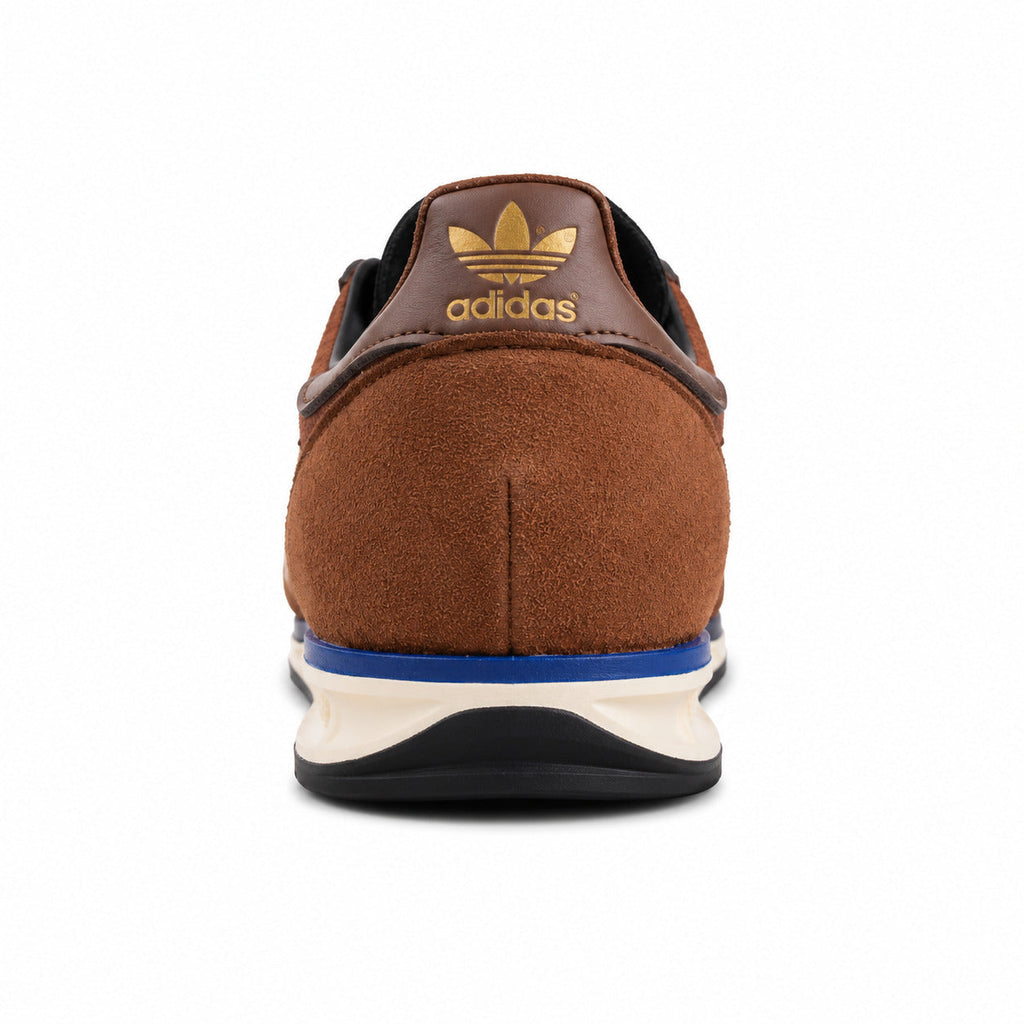 Adidas SL 72 RS granate detalle talón pele castanho trefoil dourado franja azul