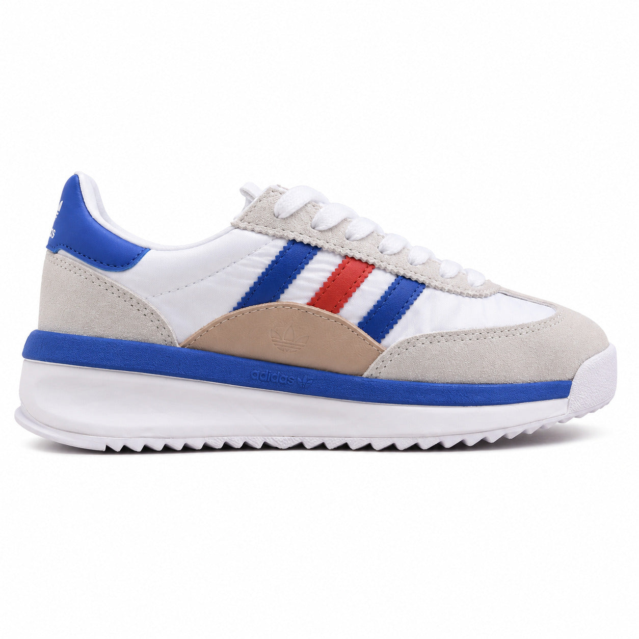 Adidas SL 72 RTN branco nylon ante cinzento bandas tricolor azul vermelho suela boost perfil derecho