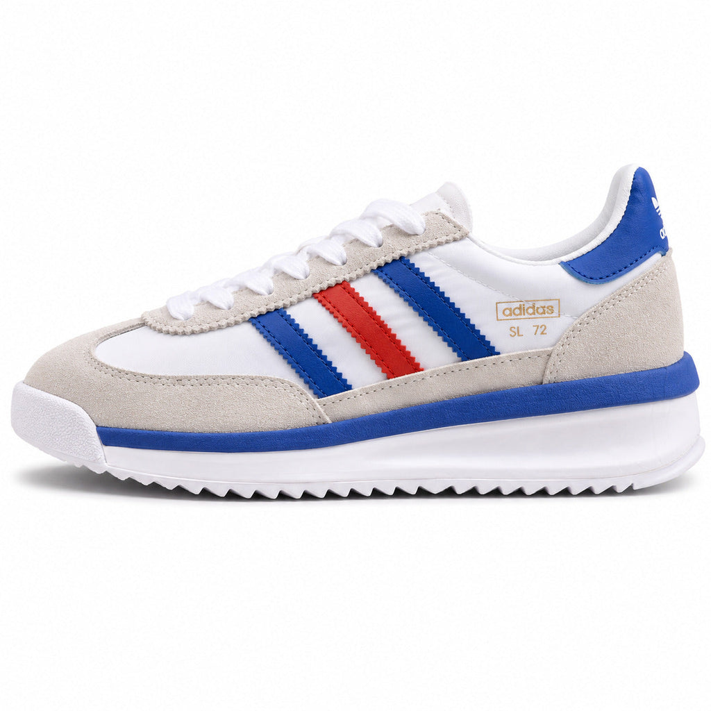 Adidas SL 72 RTN branco ante cinzento beige bandas tricolor azul vermelho boost perfil izquierdo