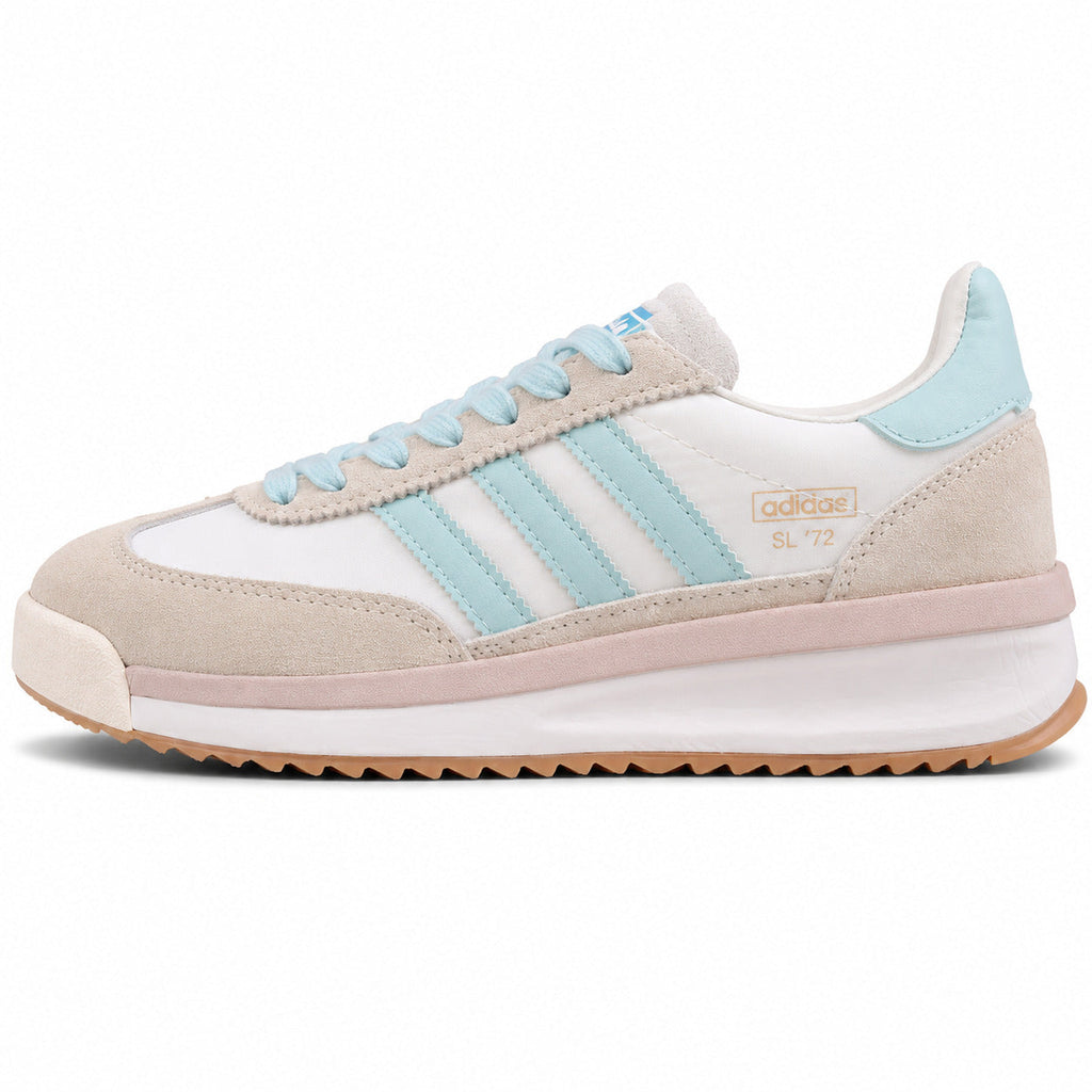 Adidas SL 72 RTN branco beige bandas azul cielo franja rosa boost perfil izquierdo