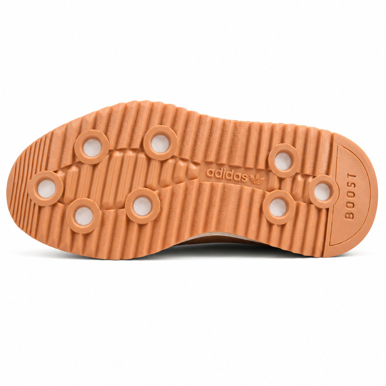 Adidas SL 72 RTN branco cinzento hielo suela boost borracha caramelo studs ripple vista inferior