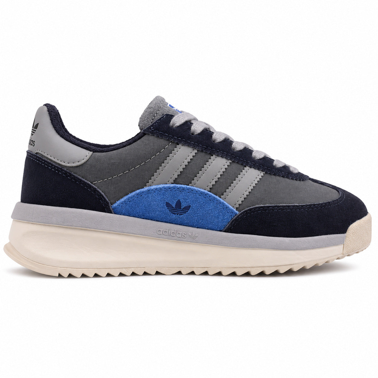 Adidas SL 72 RTN cinzento marino patch azul royal trefoil mediasuela boost crema perfil derecho