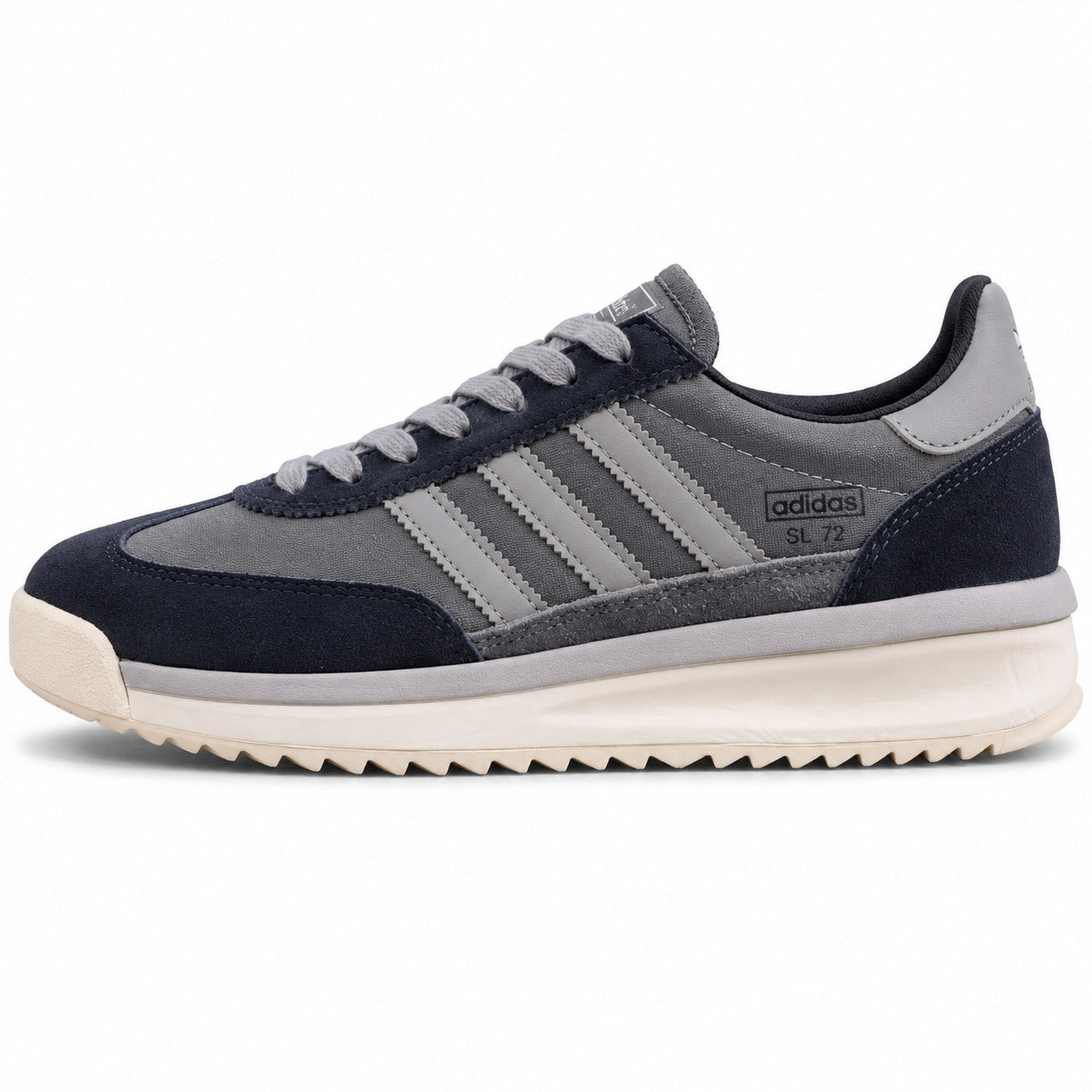 Adidas SL 72 RTN cinzento escuro marino bandas cinzento claro detalle azul boost perfil izquierdo