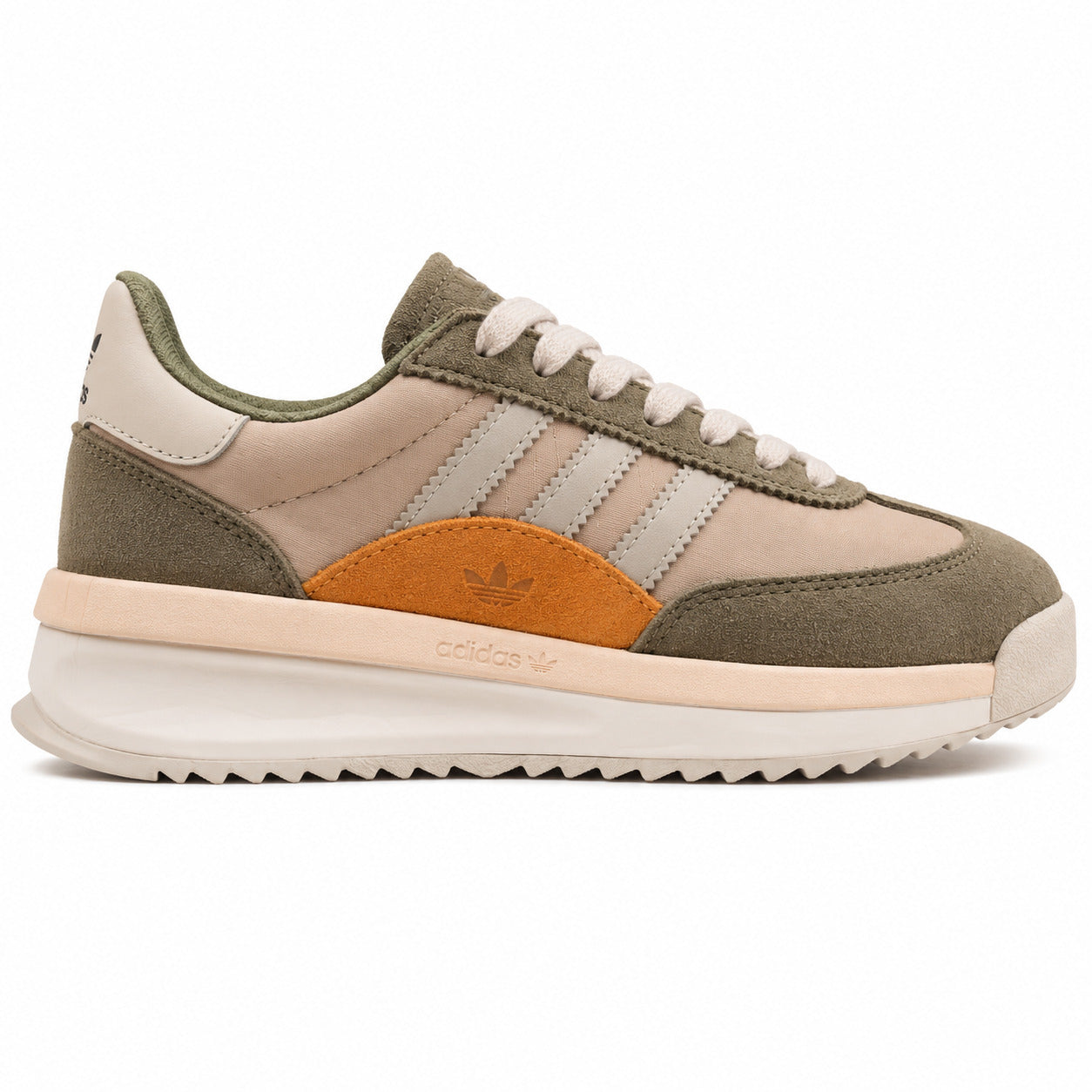 Adidas SL 72 RTN verde oliva beige patch laranja trefoil suela boost crema perfil derecho