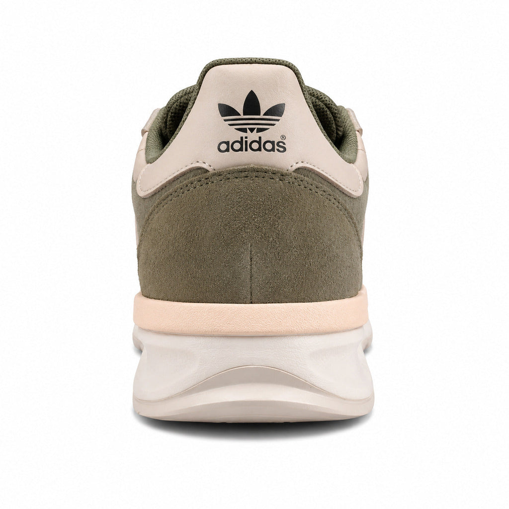 Adidas SL 72 RTN verde oliva detalle talón crema trefoil preto mediasuela boost elevada