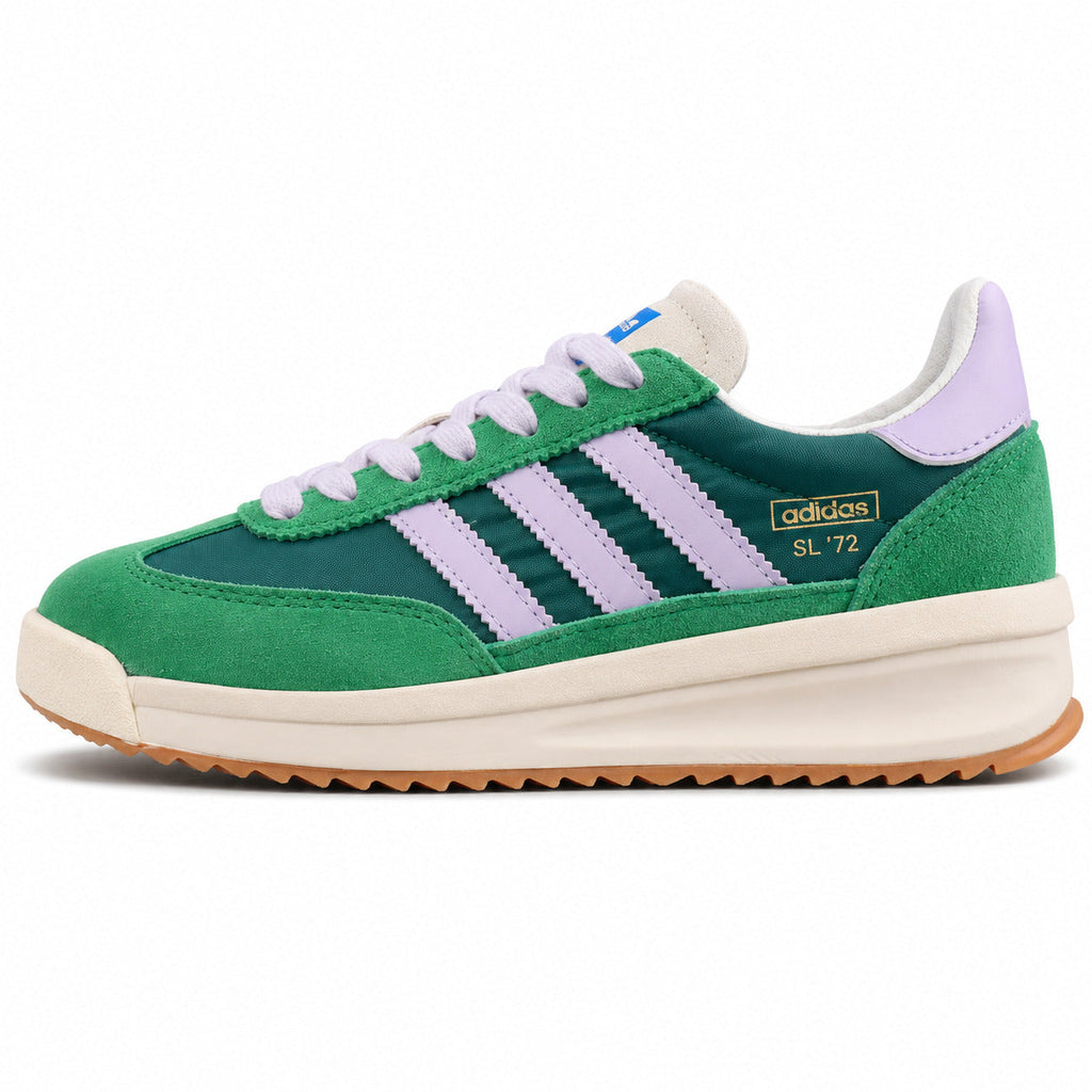 Adidas SL 72 RTN verde hierba teal bandas lila cordones brancos boost crema perfil izquierdo