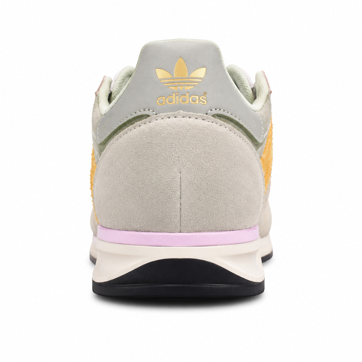 Adidas SL 72 verde salvia detalle talón cinzento trefoil dourado franja lila mediasuela crema