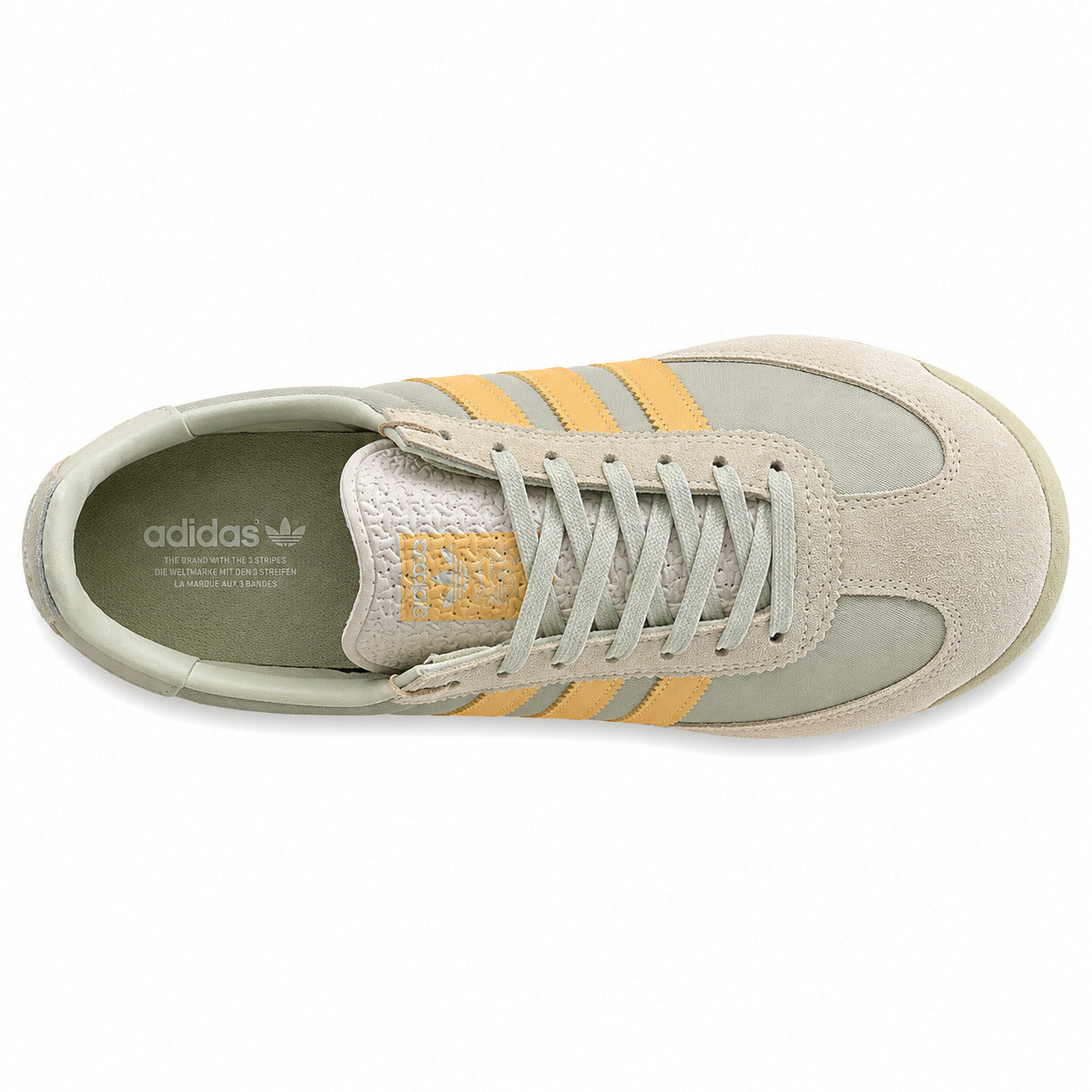 Adidas SL 72 verde salvia mostaza crema cordones cinzento plantilla heritage trilingüe vista superior