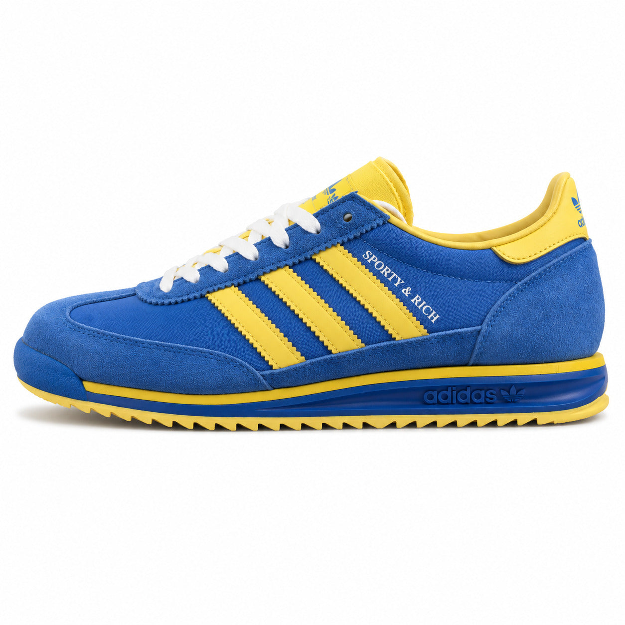 Adidas SL 72 x Sporty Rich azul royal bandas amarelo suela amarilla perfil izquierdo
