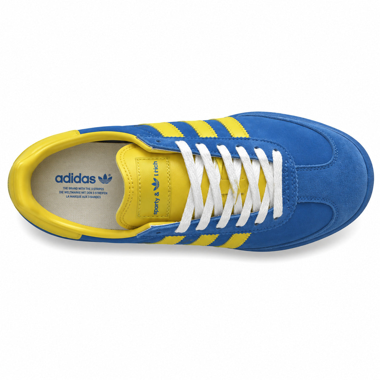 Adidas SL 72 x Sporty Rich azul amarelo ante cordones brancos vista superior